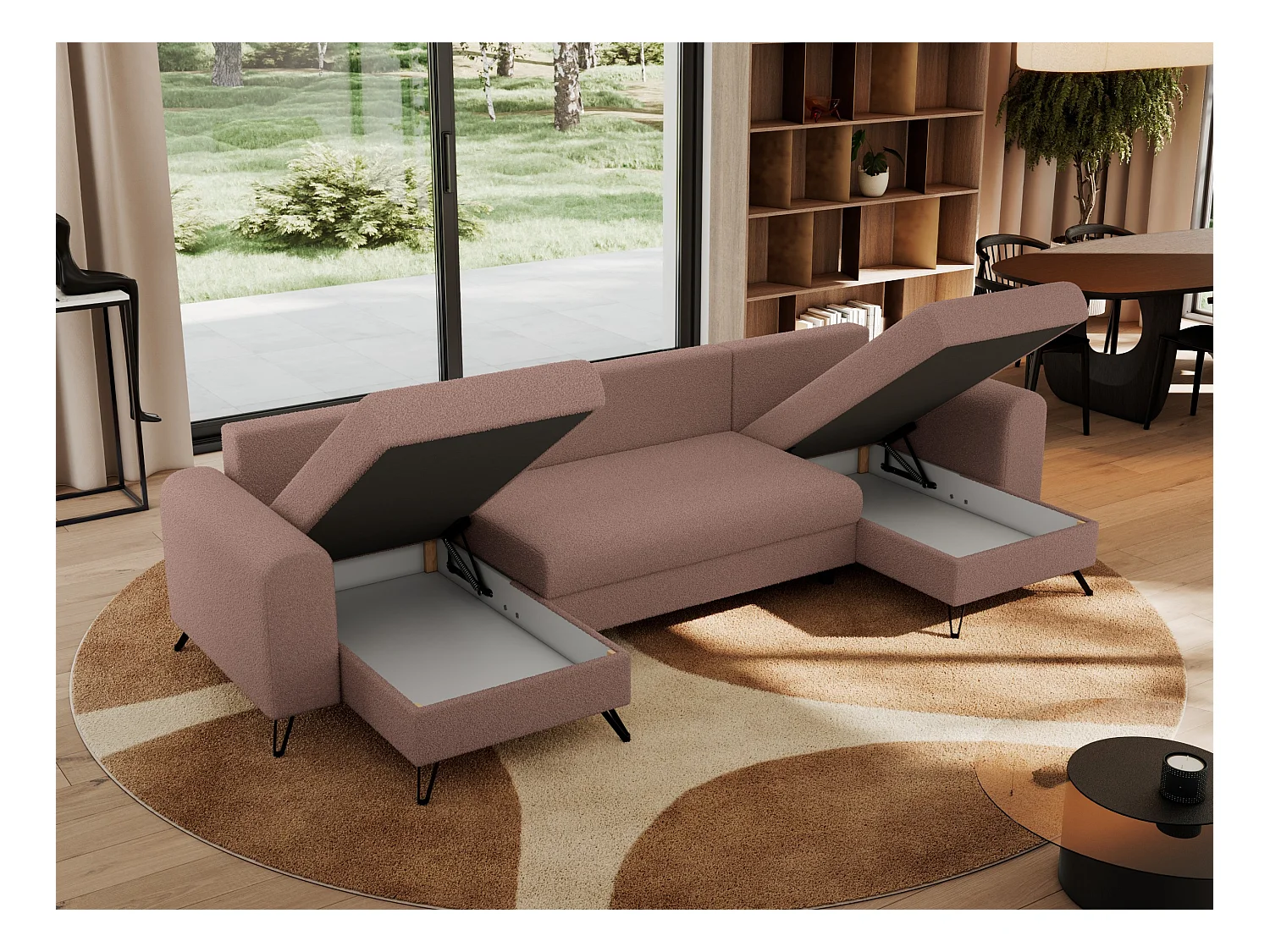 Ecksofa AXEL U, lose kissen, Ecksofa l-förmig, schlaffunktion und Bettkästen - Rosa Boucle