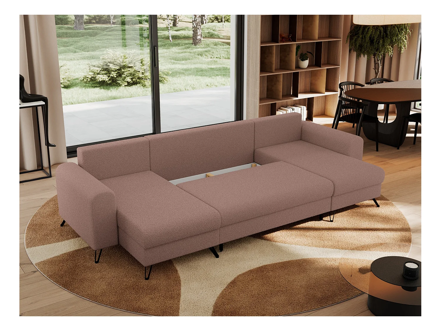 Ecksofa AXEL U, lose kissen, Ecksofa l-förmig, schlaffunktion und Bettkästen - Rosa Boucle