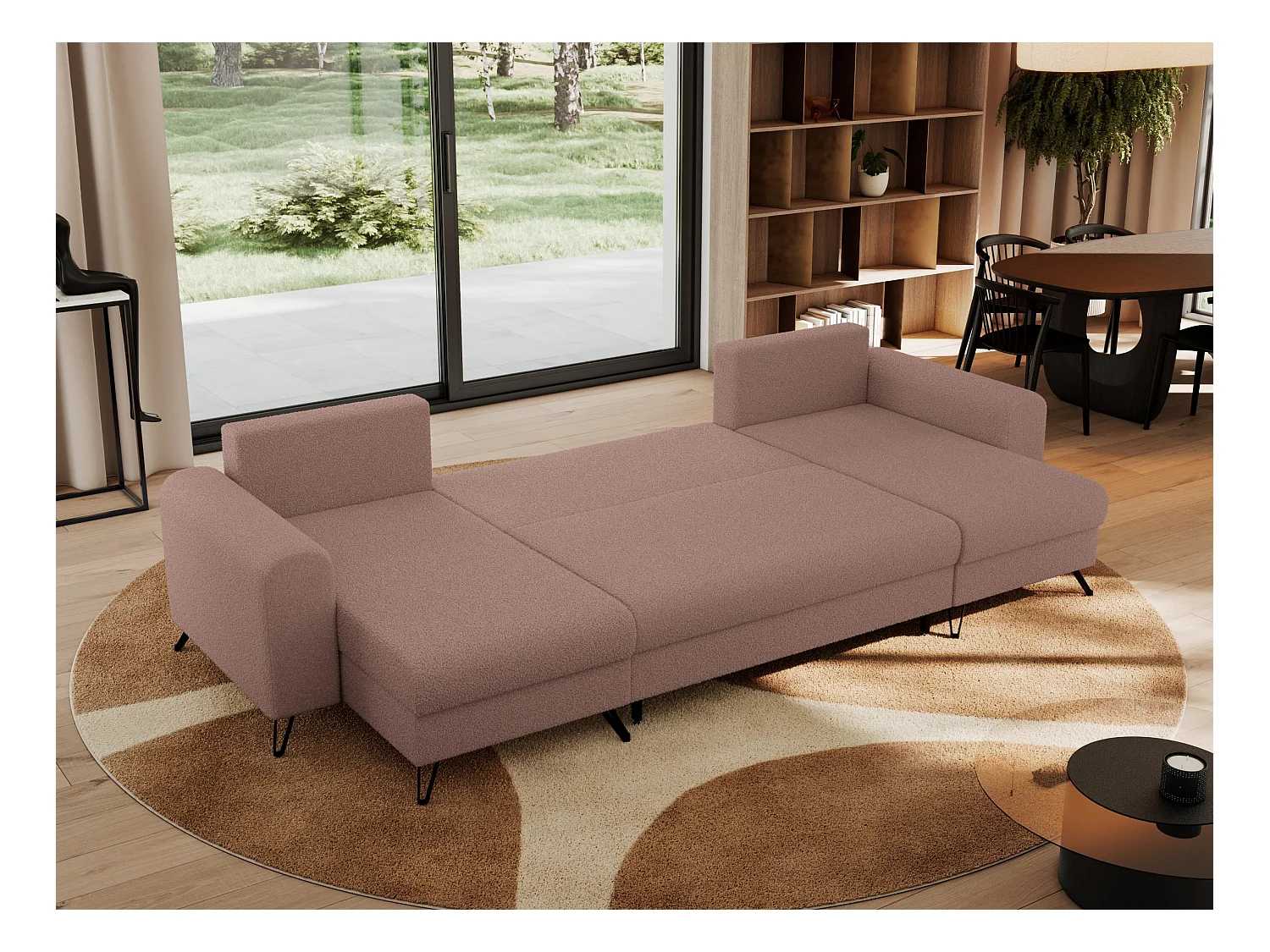 Ecksofa AXEL U, lose kissen, Ecksofa l-förmig, schlaffunktion und Bettkästen - Rosa Boucle