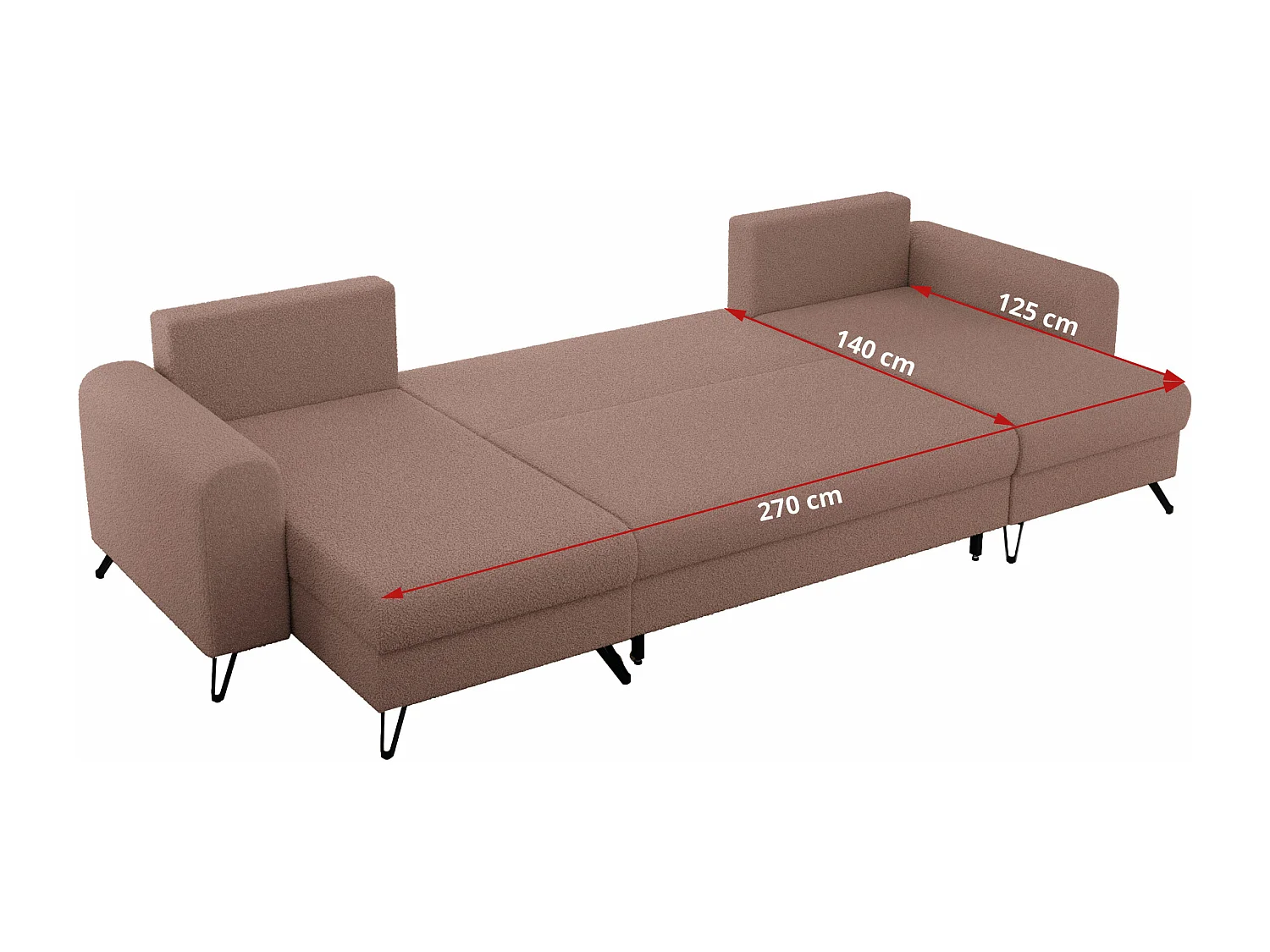 Ecksofa AXEL U, lose kissen, Ecksofa l-förmig, schlaffunktion und Bettkästen - Rosa Boucle