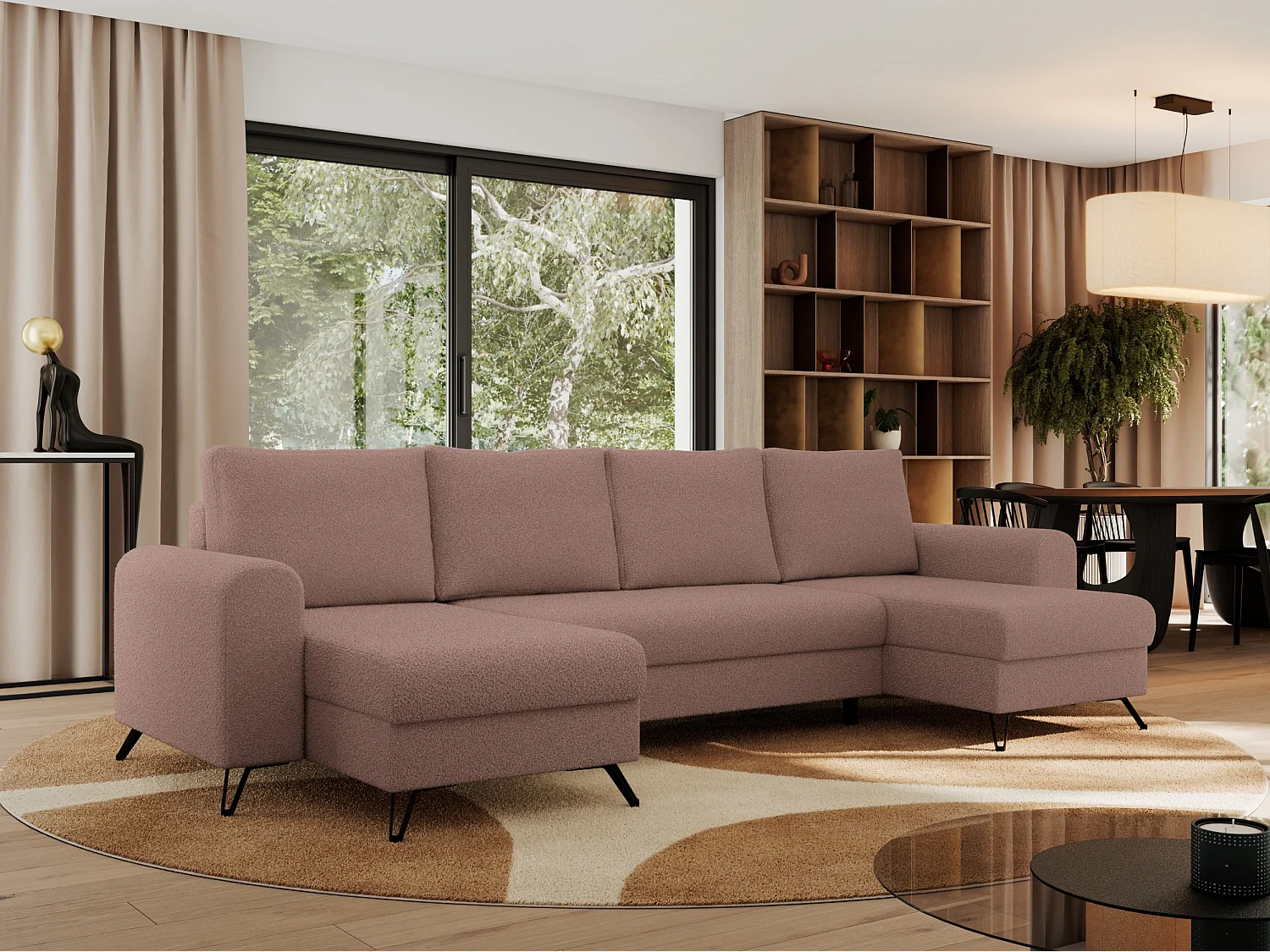 Ecksofa AXEL U, lose kissen, Ecksofa l-förmig, schlaffunktion und Bettkästen - Rosa Boucle