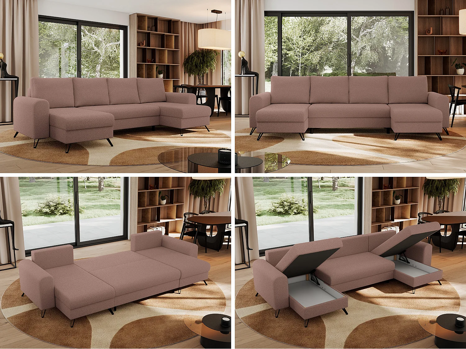 Ecksofa AXEL U, lose kissen, Ecksofa l-förmig, schlaffunktion und Bettkästen - Rosa Boucle