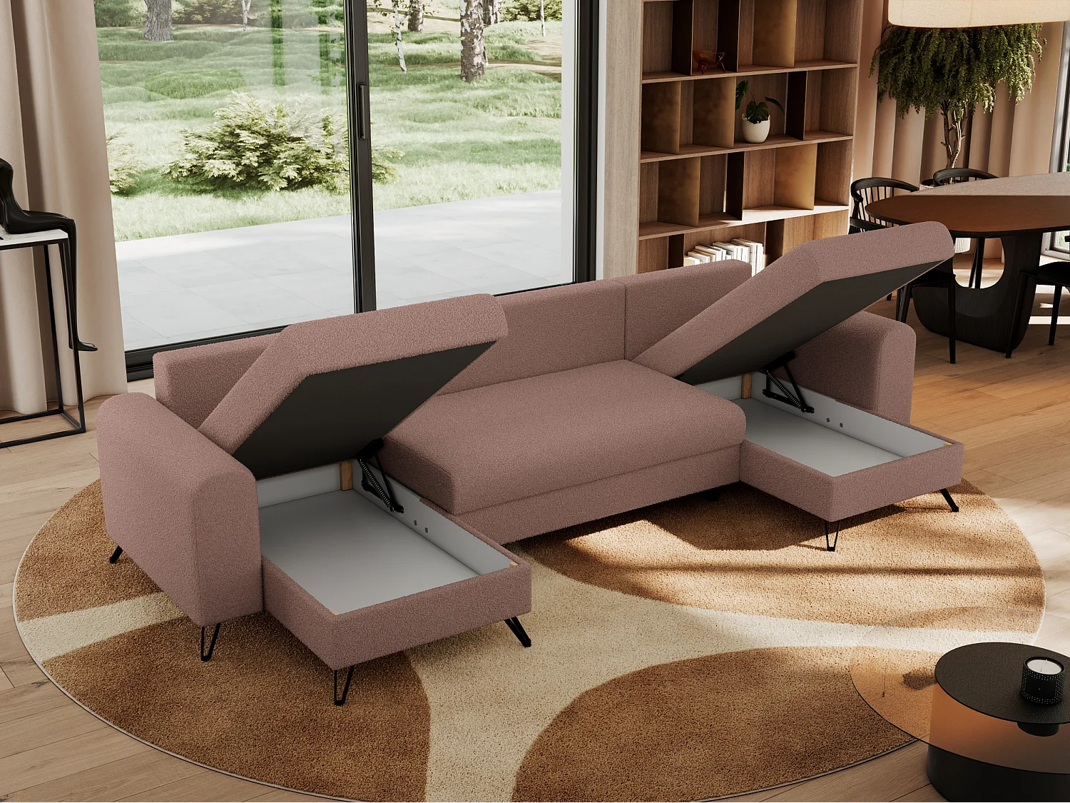 Ecksofa AXEL U, lose kissen, Ecksofa l-förmig, schlaffunktion und Bettkästen - Rosa Boucle