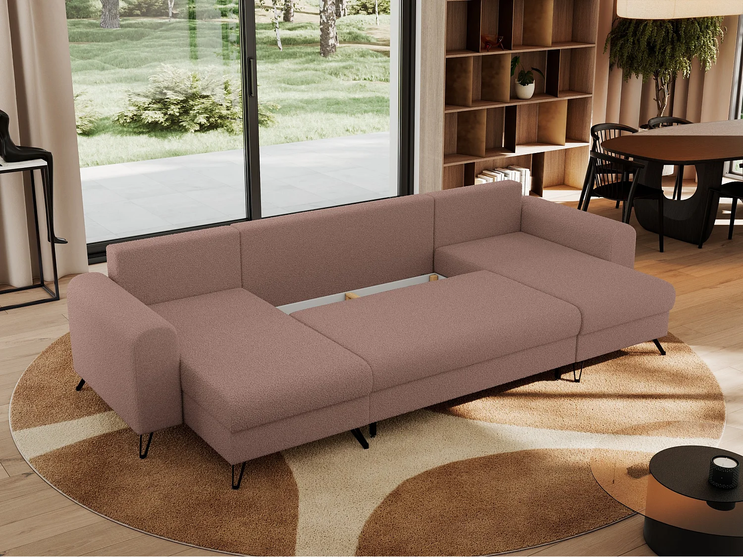 Ecksofa AXEL U, lose kissen, Ecksofa l-förmig, schlaffunktion und Bettkästen - Rosa Boucle