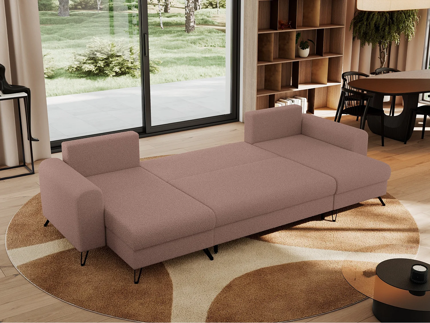 Ecksofa AXEL U, lose kissen, Ecksofa l-förmig, schlaffunktion und Bettkästen - Rosa Boucle