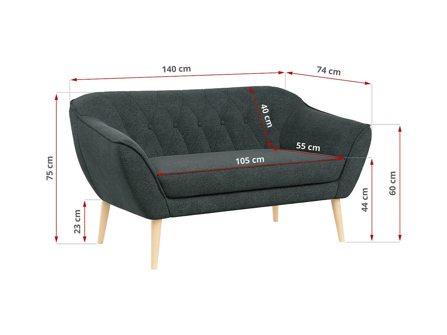 Sofa PIRS - 2-Sitzer, mit Armlehnen, Skandinavisches Design - Dunkelgrau Stukture