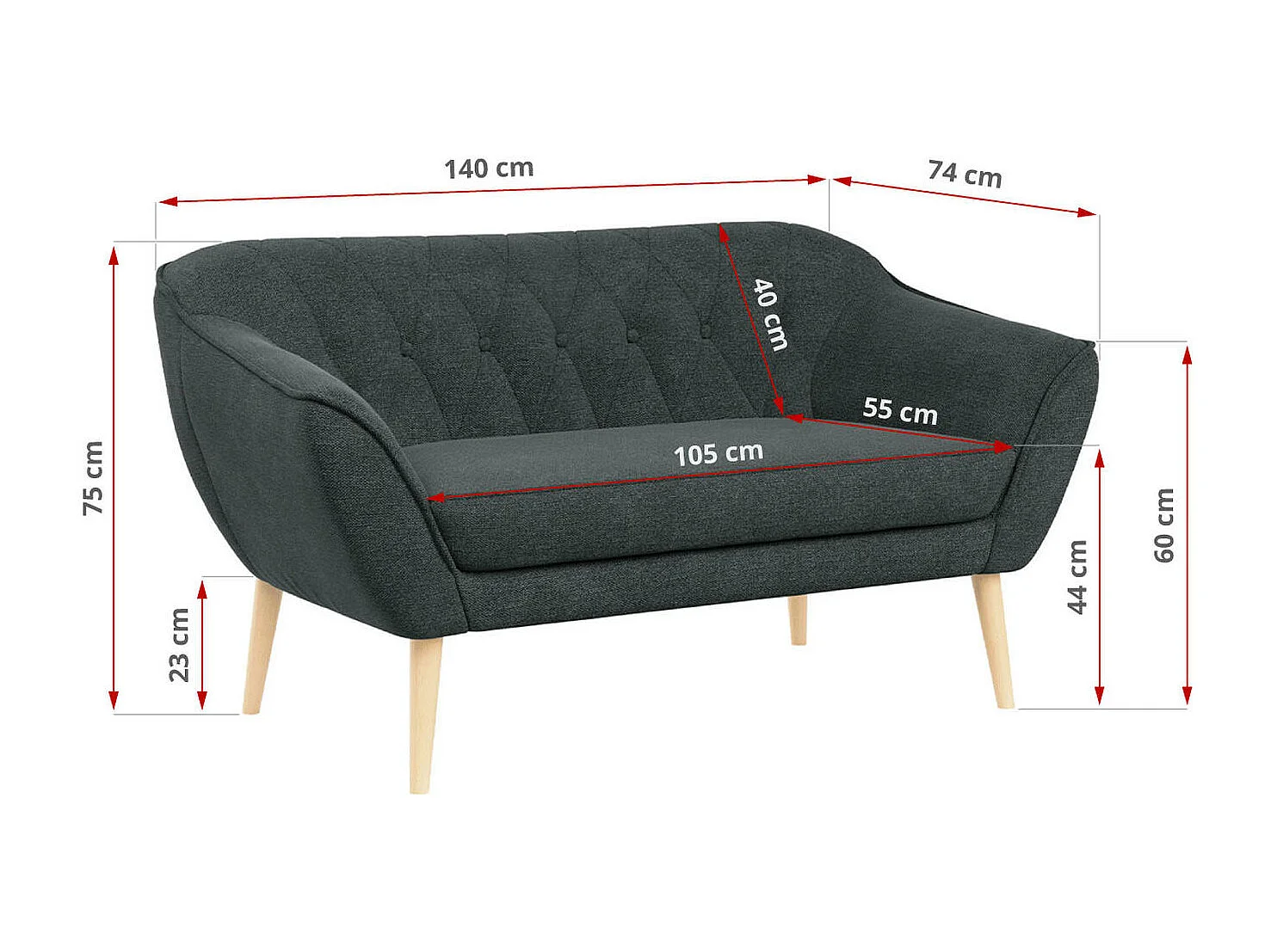 Sofa PIRS - 2-Sitzer, mit Armlehnen, Skandinavisches Design - Dunkelgrau Stukture