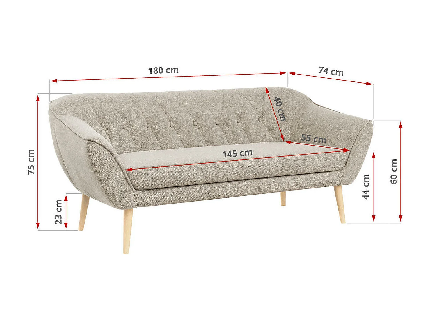 Sofa PIRS - 3-Sitzer Skandinavischer Sofa, mit Armlehnen, Holzbeine - Beige Stukture