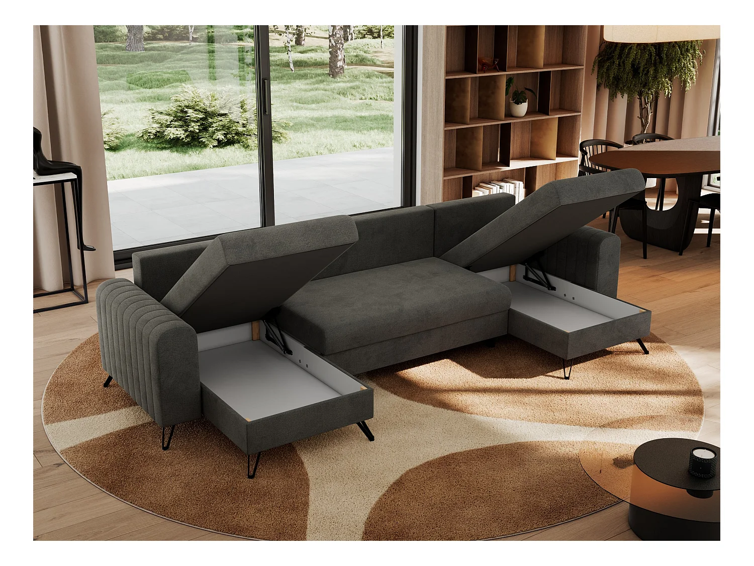 Ecksofa AXEL U, lose kissen, Ecksofa l-förmig, schlaffunktion und Bettkästen - Dunkelgrau Velvet