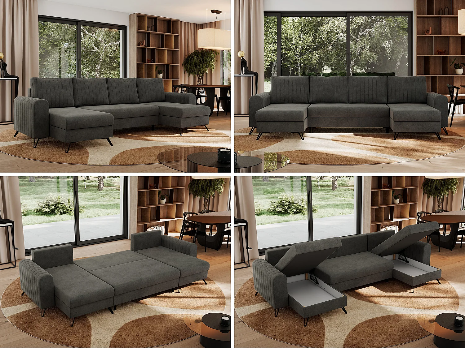 Ecksofa AXEL U, lose kissen, Ecksofa l-förmig, schlaffunktion und Bettkästen - Dunkelgrau Velvet