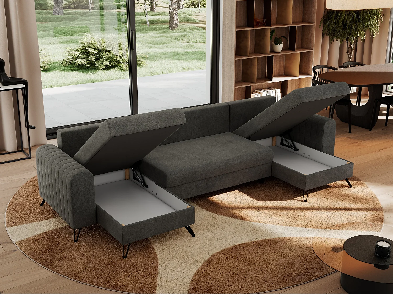 Ecksofa AXEL U, lose kissen, Ecksofa l-förmig, schlaffunktion und Bettkästen - Dunkelgrau Velvet