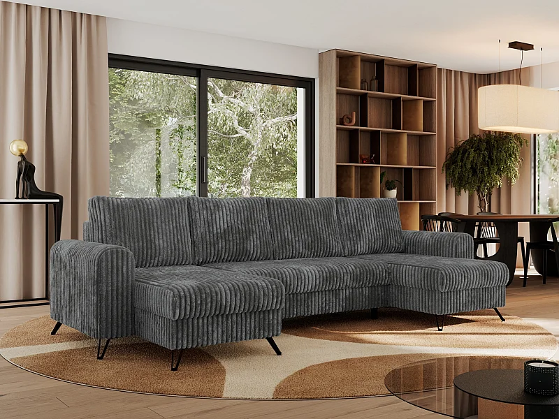 Ecksofa AXEL U, lose kissen, Ecksofa l-förmig, schlaffunktion und Bettkästen - Dunkelgrau Cord