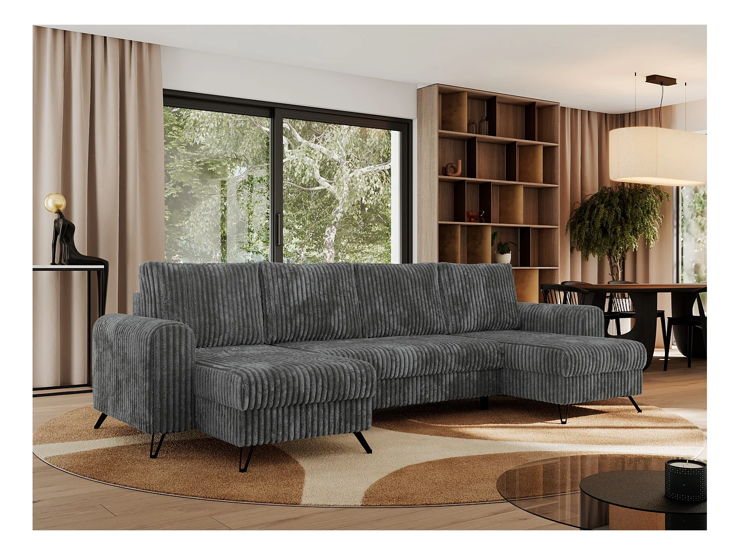Ecksofa AXEL U, lose kissen, Ecksofa l-förmig, schlaffunktion und Bettkästen - Dunkelgrau Cord