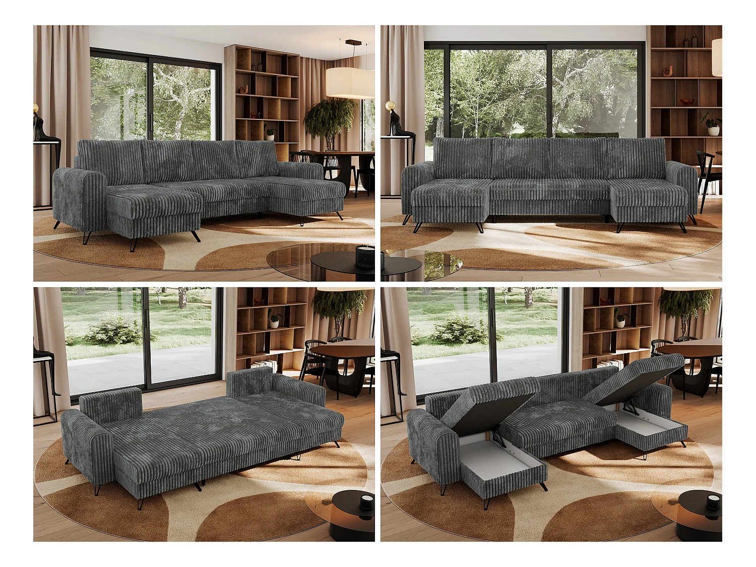 Ecksofa AXEL U, lose kissen, Ecksofa l-förmig, schlaffunktion und Bettkästen - Dunkelgrau Cord