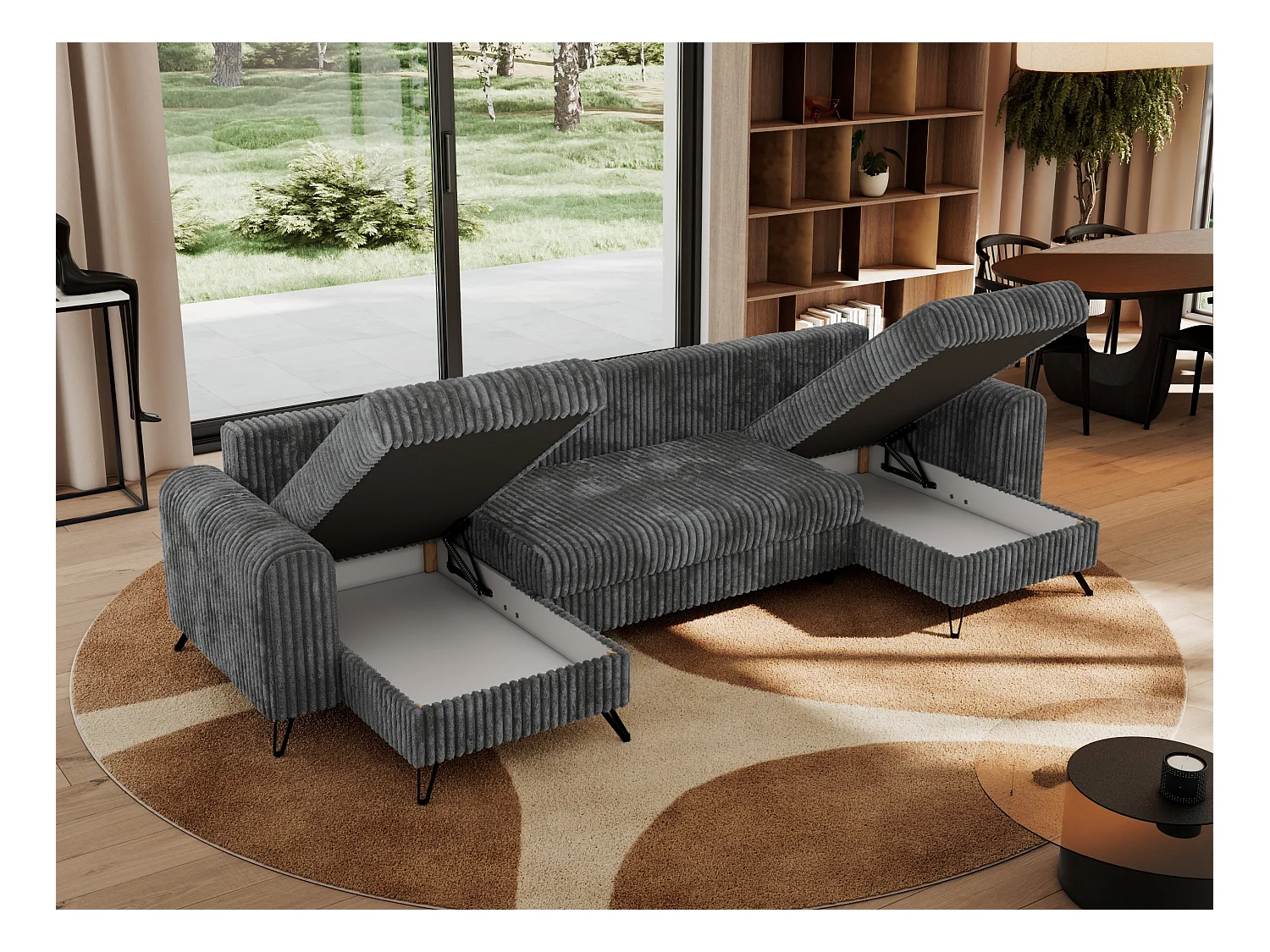 Ecksofa AXEL U, lose kissen, Ecksofa l-förmig, schlaffunktion und Bettkästen - Dunkelgrau Cord