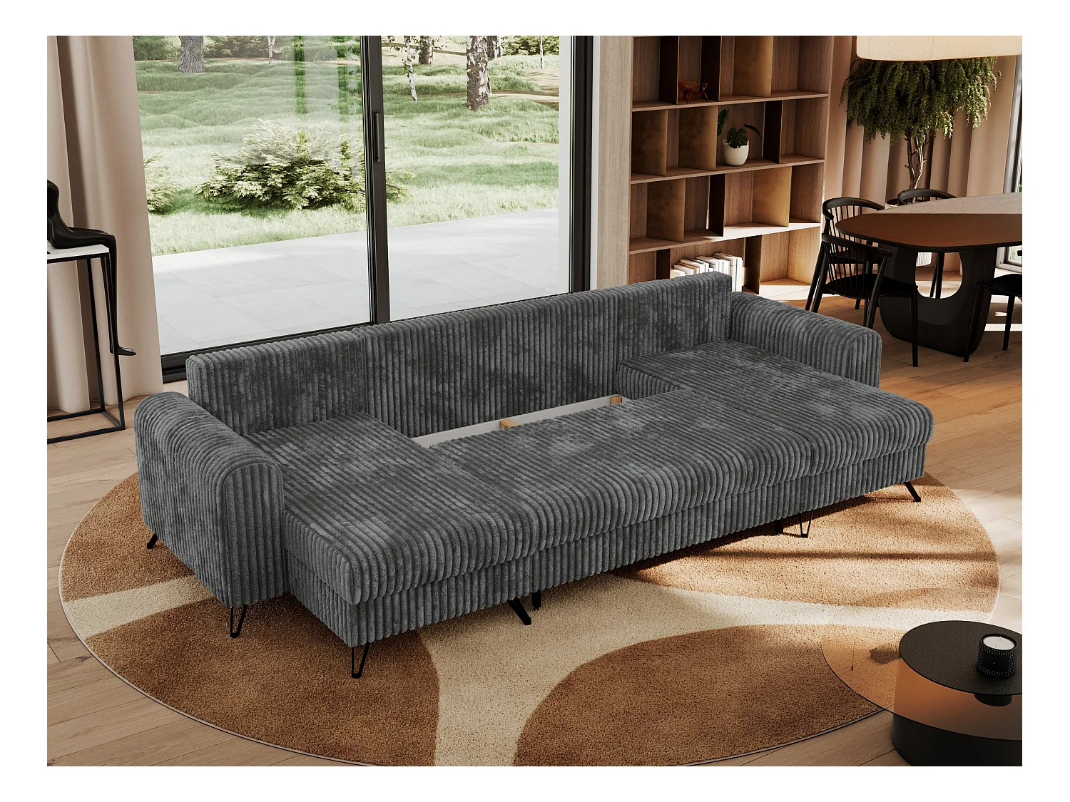 Ecksofa AXEL U, lose kissen, Ecksofa l-förmig, schlaffunktion und Bettkästen - Dunkelgrau Cord