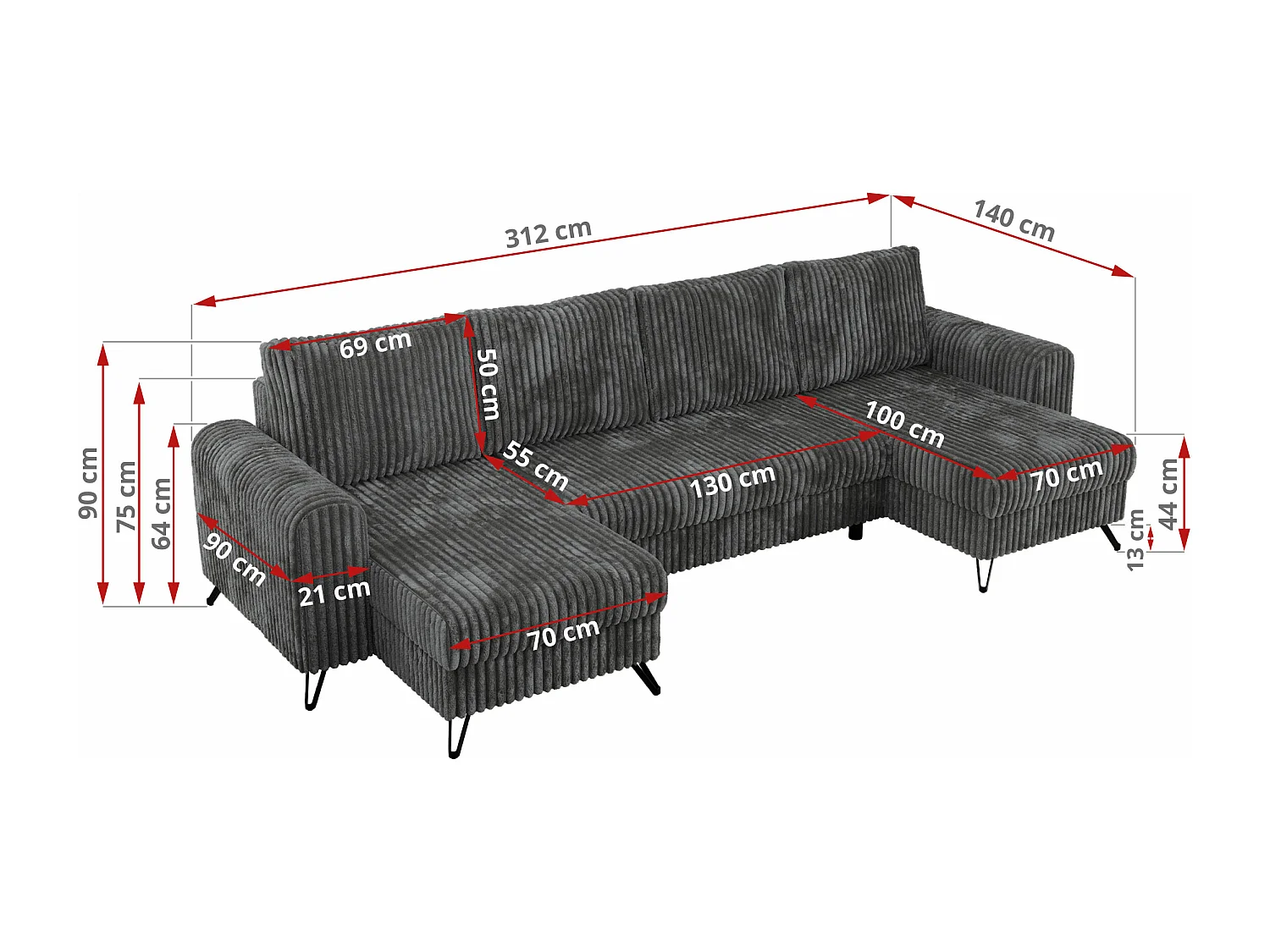Ecksofa AXEL U, lose kissen, Ecksofa l-förmig, schlaffunktion und Bettkästen - Dunkelgrau Cord