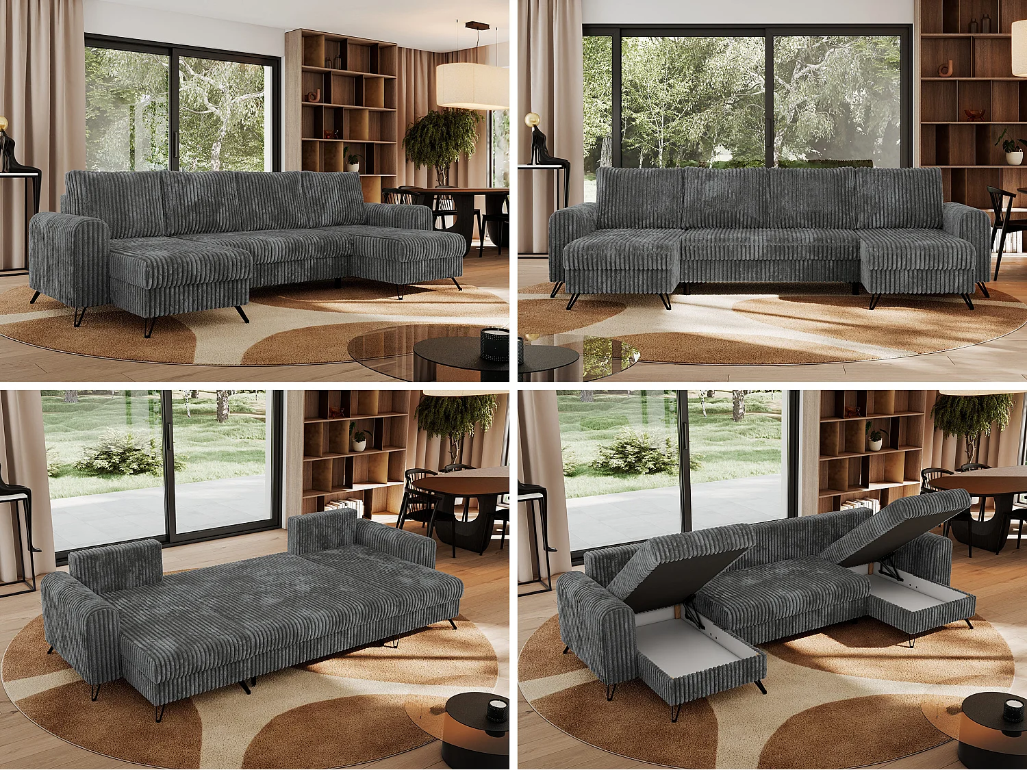 Ecksofa AXEL U, lose kissen, Ecksofa l-förmig, schlaffunktion und Bettkästen - Dunkelgrau Cord