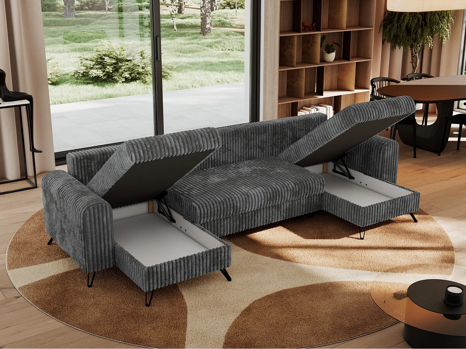 Ecksofa AXEL U, lose kissen, Ecksofa l-förmig, schlaffunktion und Bettkästen - Dunkelgrau Cord