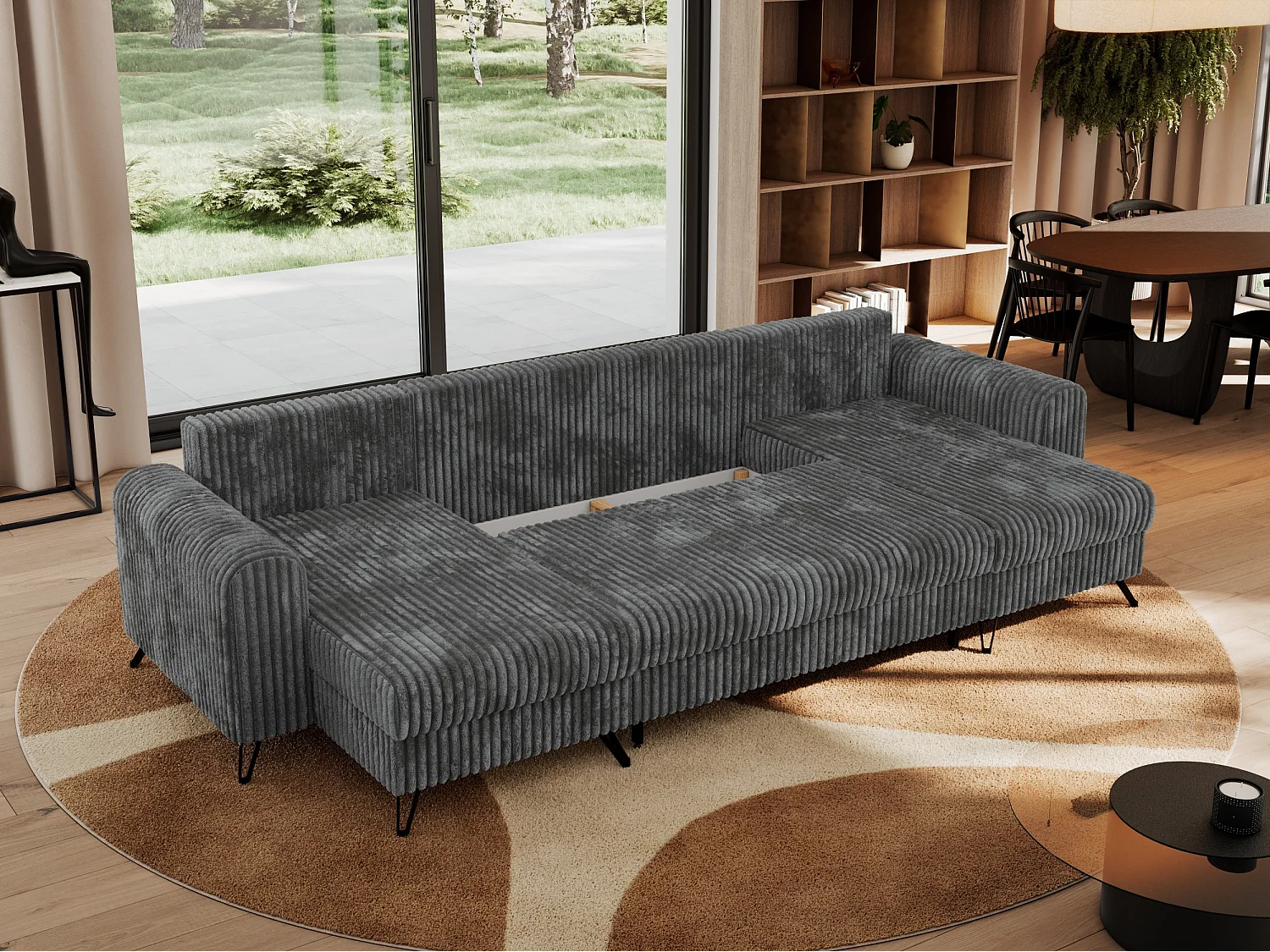 Ecksofa AXEL U, lose kissen, Ecksofa l-förmig, schlaffunktion und Bettkästen - Dunkelgrau Cord