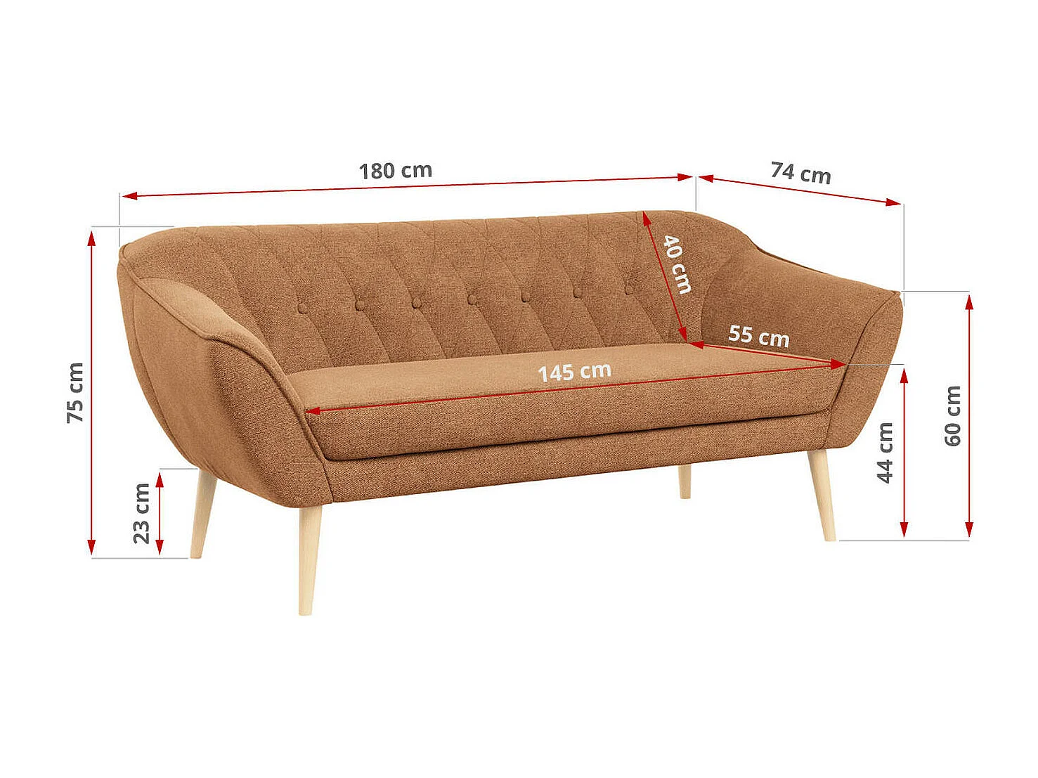 Sofa PIRS - 3-Sitzer Skandinavischer Sofa, mit Armlehnen, Holzbeine - Orange Stukture