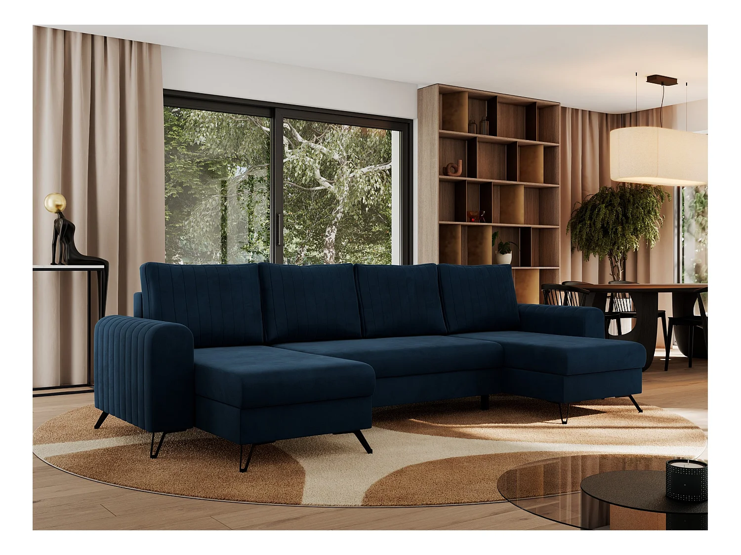 Ecksofa AXEL U, lose kissen, Ecksofa l-förmig, schlaffunktion und Bettkästen - Dunkelblau Velvet