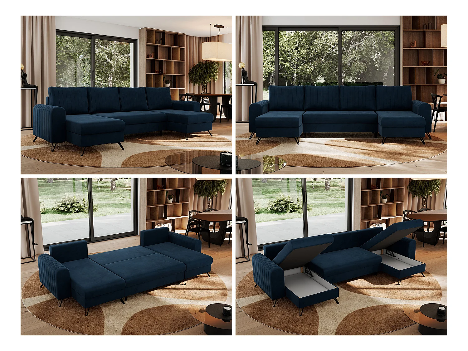 Ecksofa AXEL U, lose kissen, Ecksofa l-förmig, schlaffunktion und Bettkästen - Dunkelblau Velvet