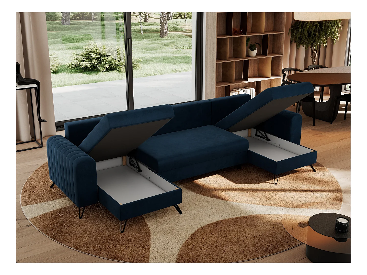 Ecksofa AXEL U, lose kissen, Ecksofa l-förmig, schlaffunktion und Bettkästen - Dunkelblau Velvet