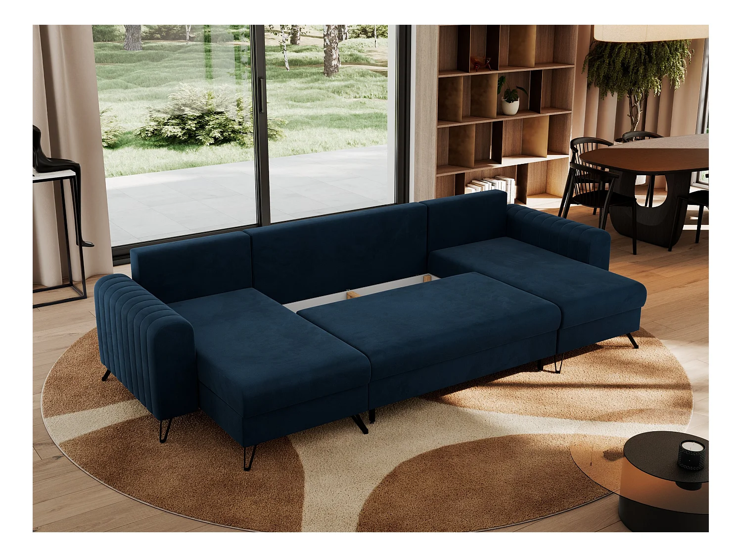 Ecksofa AXEL U, lose kissen, Ecksofa l-förmig, schlaffunktion und Bettkästen - Dunkelblau Velvet