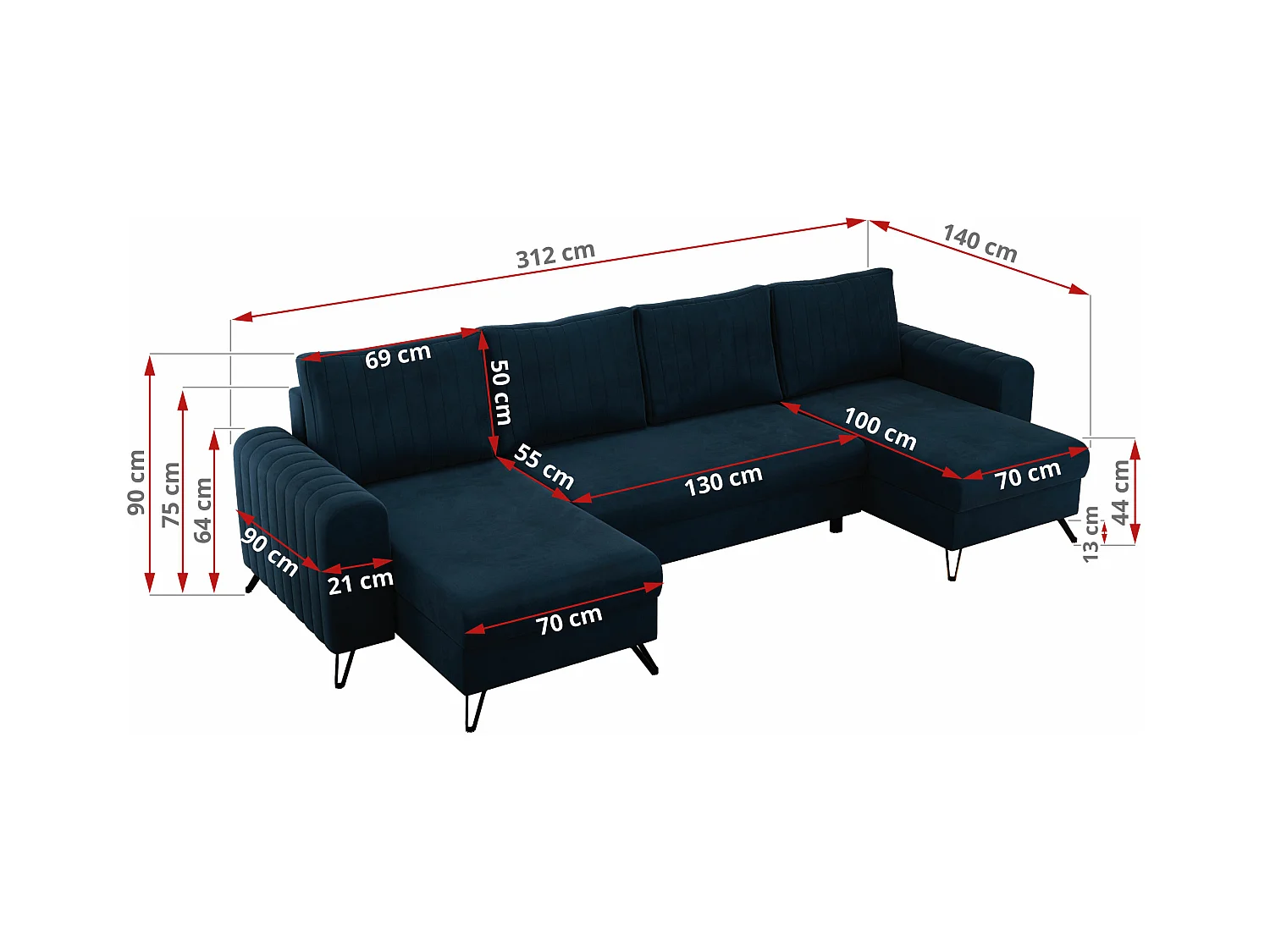 Ecksofa AXEL U, lose kissen, Ecksofa l-förmig, schlaffunktion und Bettkästen - Dunkelblau Velvet