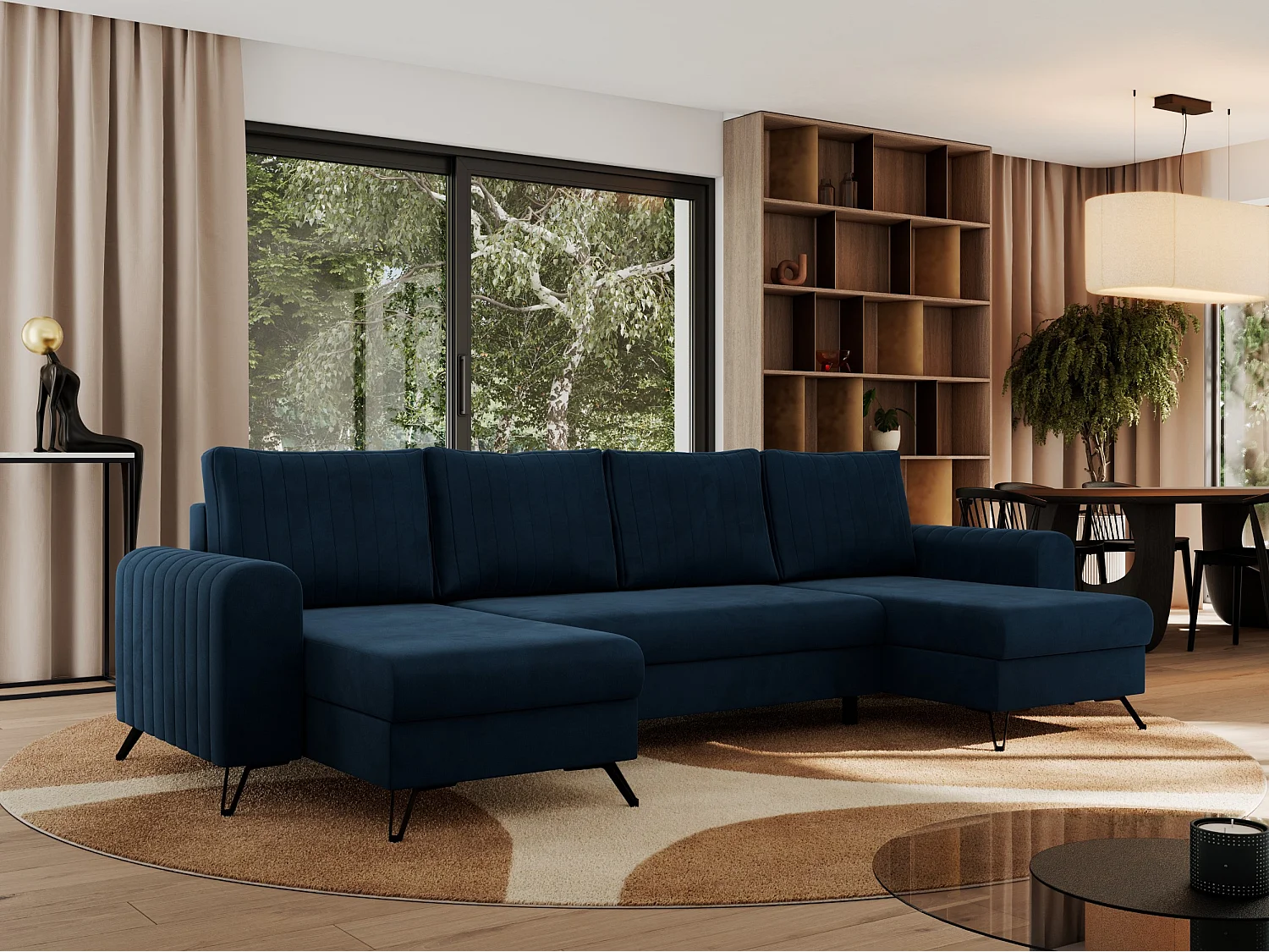 Ecksofa AXEL U, lose kissen, Ecksofa l-förmig, schlaffunktion und Bettkästen - Dunkelblau Velvet