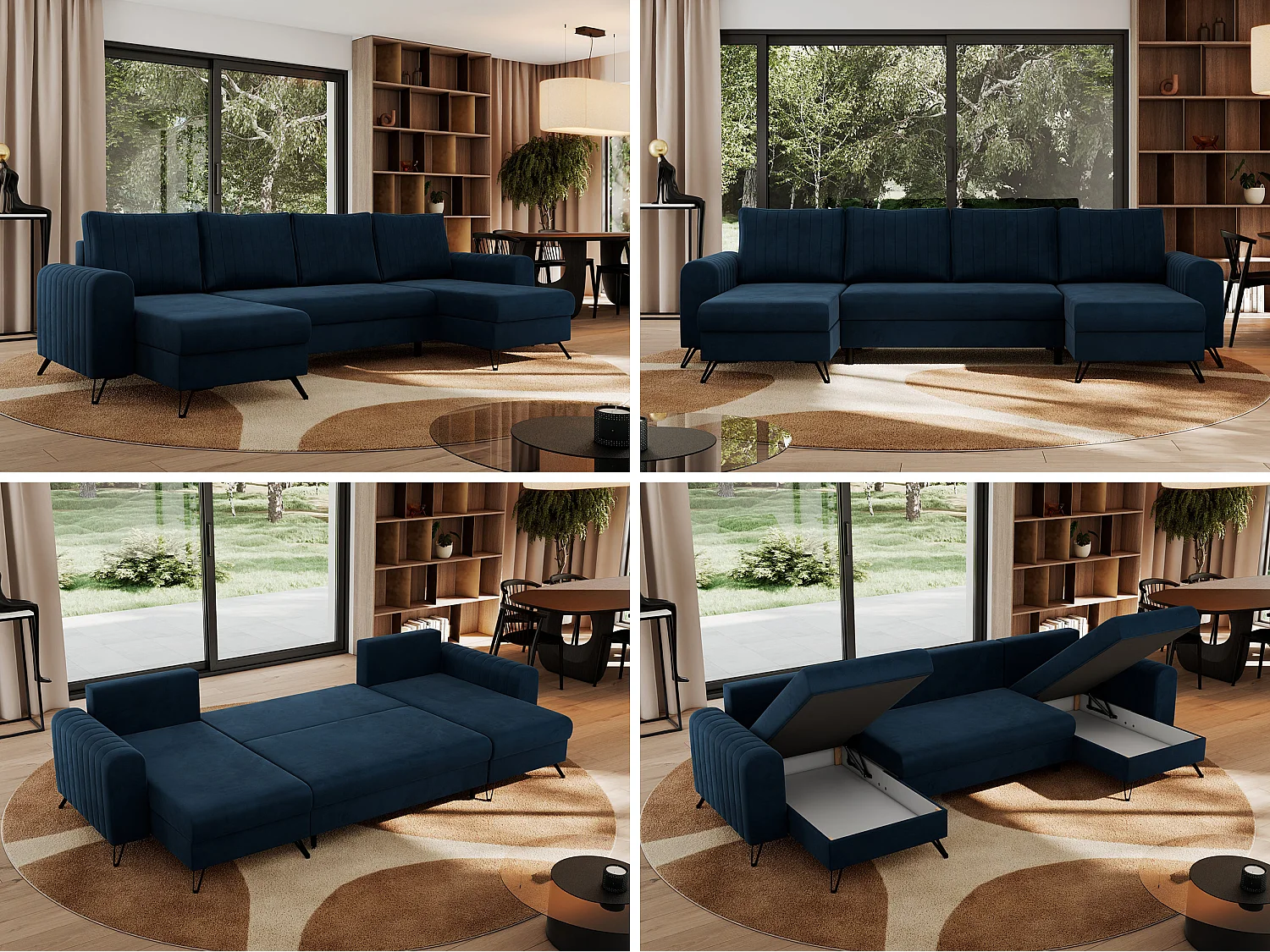 Ecksofa AXEL U, lose kissen, Ecksofa l-förmig, schlaffunktion und Bettkästen - Dunkelblau Velvet