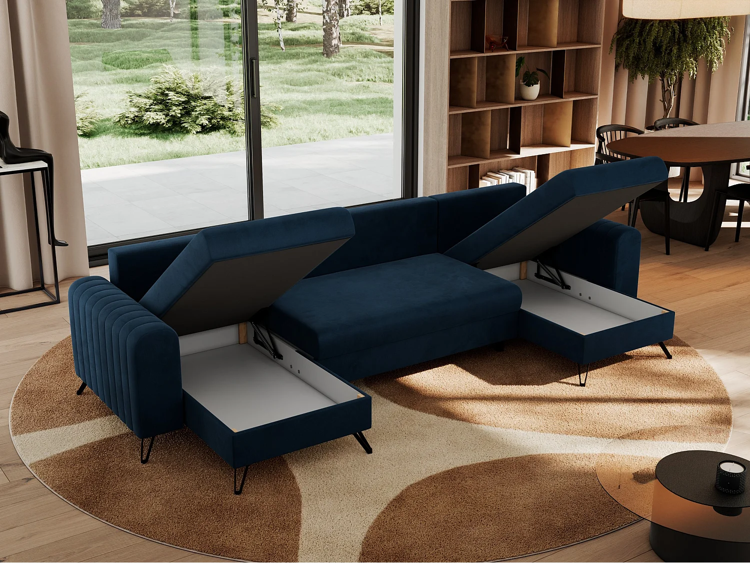 Ecksofa AXEL U, lose kissen, Ecksofa l-förmig, schlaffunktion und Bettkästen - Dunkelblau Velvet
