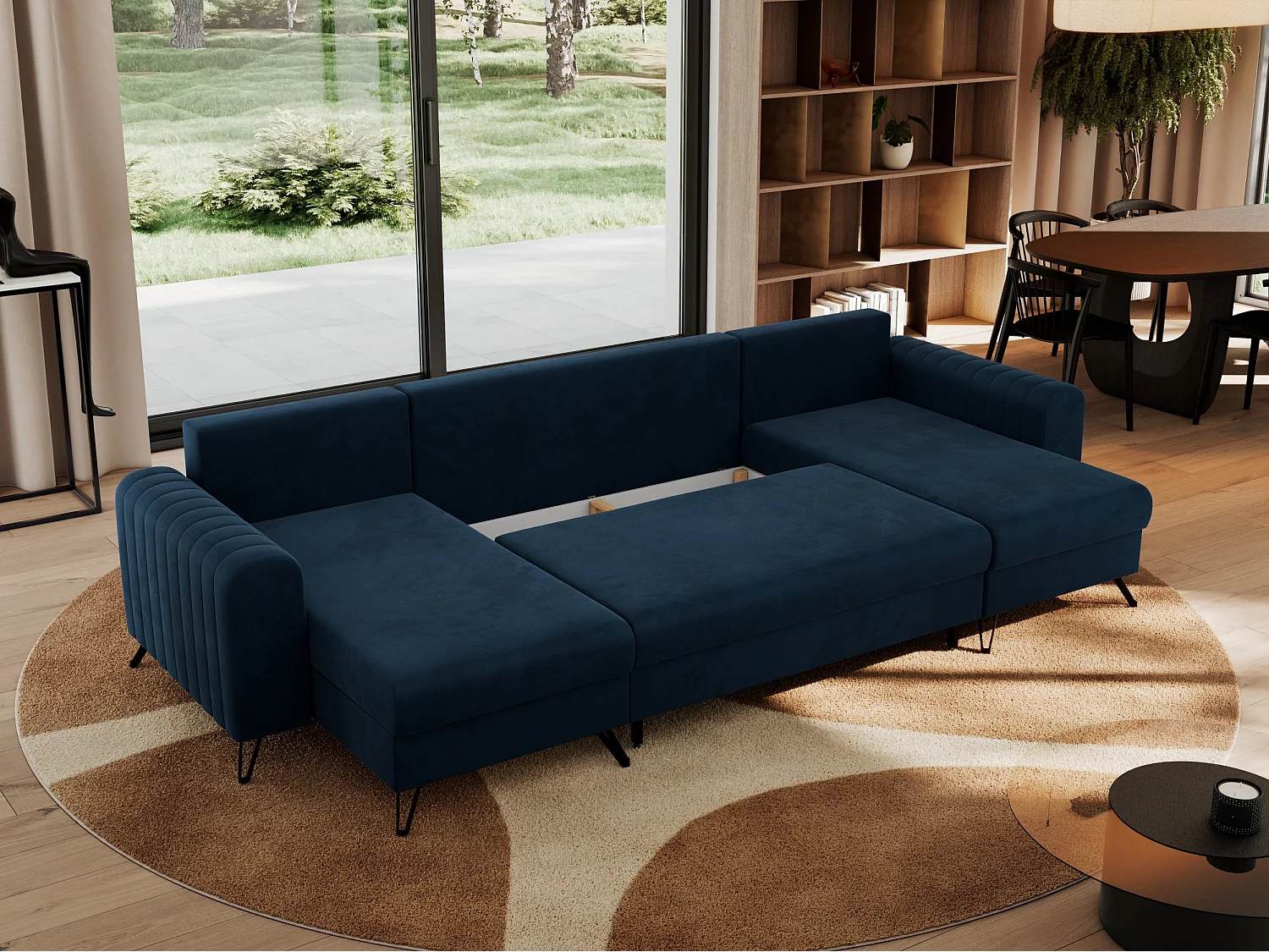 Ecksofa AXEL U, lose kissen, Ecksofa l-förmig, schlaffunktion und Bettkästen - Dunkelblau Velvet