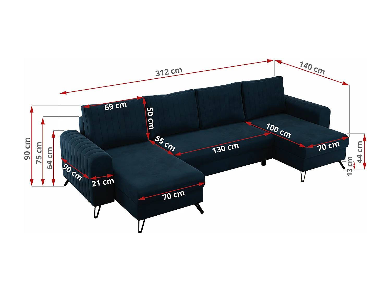 Ecksofa AXEL U, lose kissen, Ecksofa l-förmig, schlaffunktion und Bettkästen - Dunkelblau Velvet