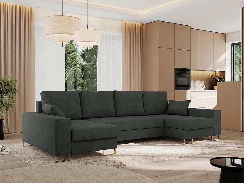 Ecksofa DORIAN U, Wohnlandschaft, Ecksofa mit Armlehnen, schlaffunktion und Bettkästen - Dunkelgrau Struktur