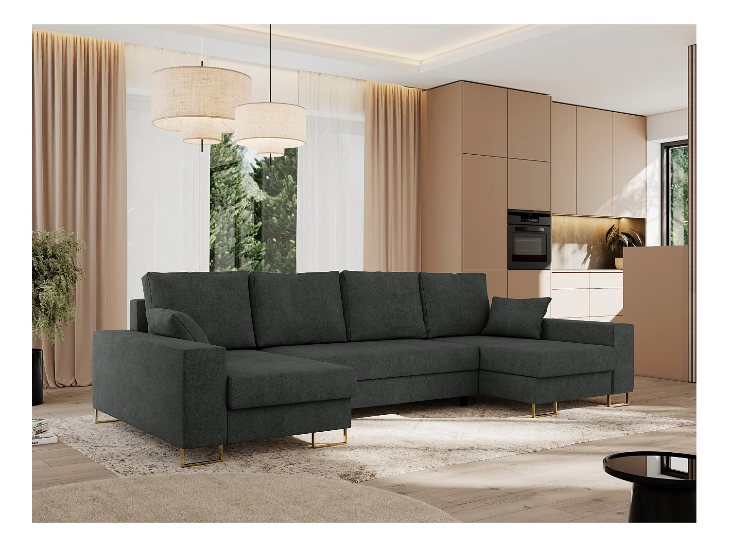 Ecksofa DORIAN U, Wohnlandschaft, Ecksofa mit Armlehnen, schlaffunktion und Bettkästen - Dunkelgrau Struktur