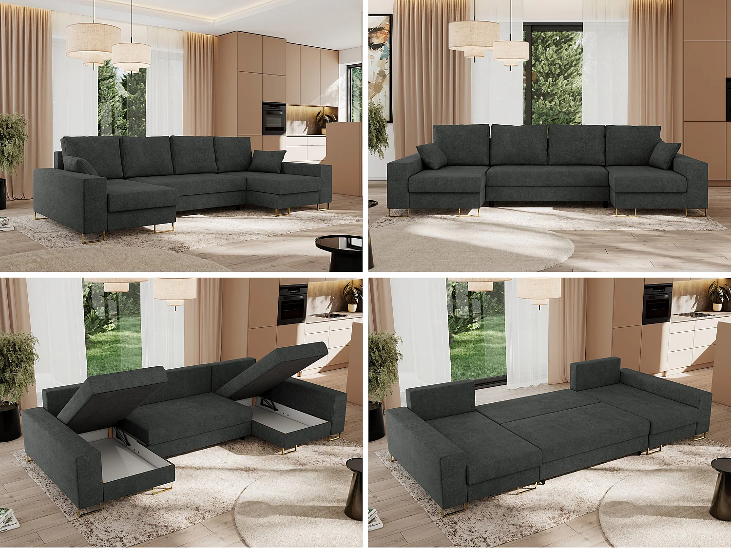 Ecksofa DORIAN U, Wohnlandschaft, Ecksofa mit Armlehnen, schlaffunktion und Bettkästen - Dunkelgrau Struktur