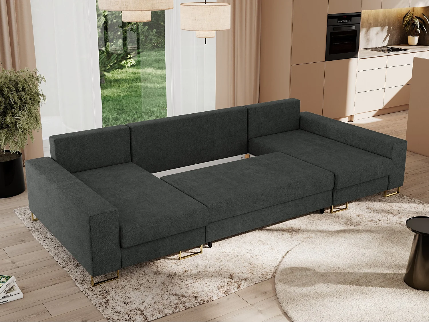 Ecksofa DORIAN U, Wohnlandschaft, Ecksofa mit Armlehnen, schlaffunktion und Bettkästen - Dunkelgrau Struktur