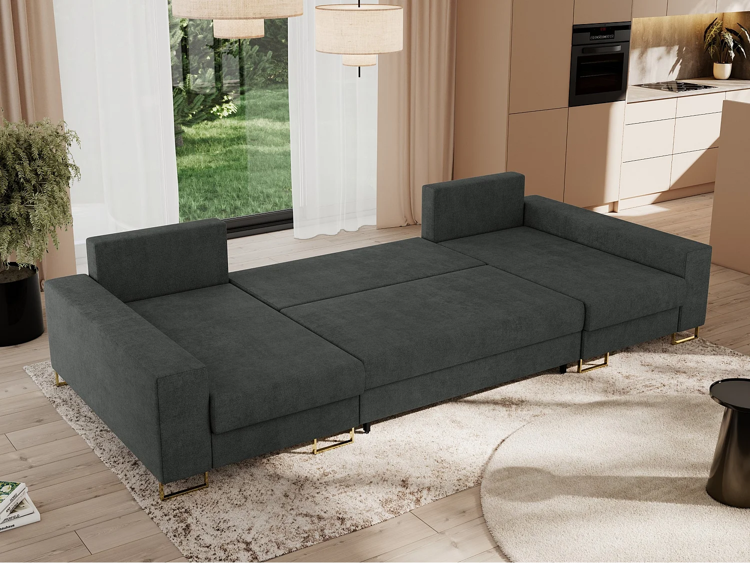 Ecksofa DORIAN U, Wohnlandschaft, Ecksofa mit Armlehnen, schlaffunktion und Bettkästen - Dunkelgrau Struktur