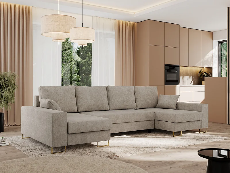 Ecksofa DORIAN U, Wohnlandschaft, Ecksofa mit Armlehnen, schlaffunktion und Bettkästen - Beige Struktur