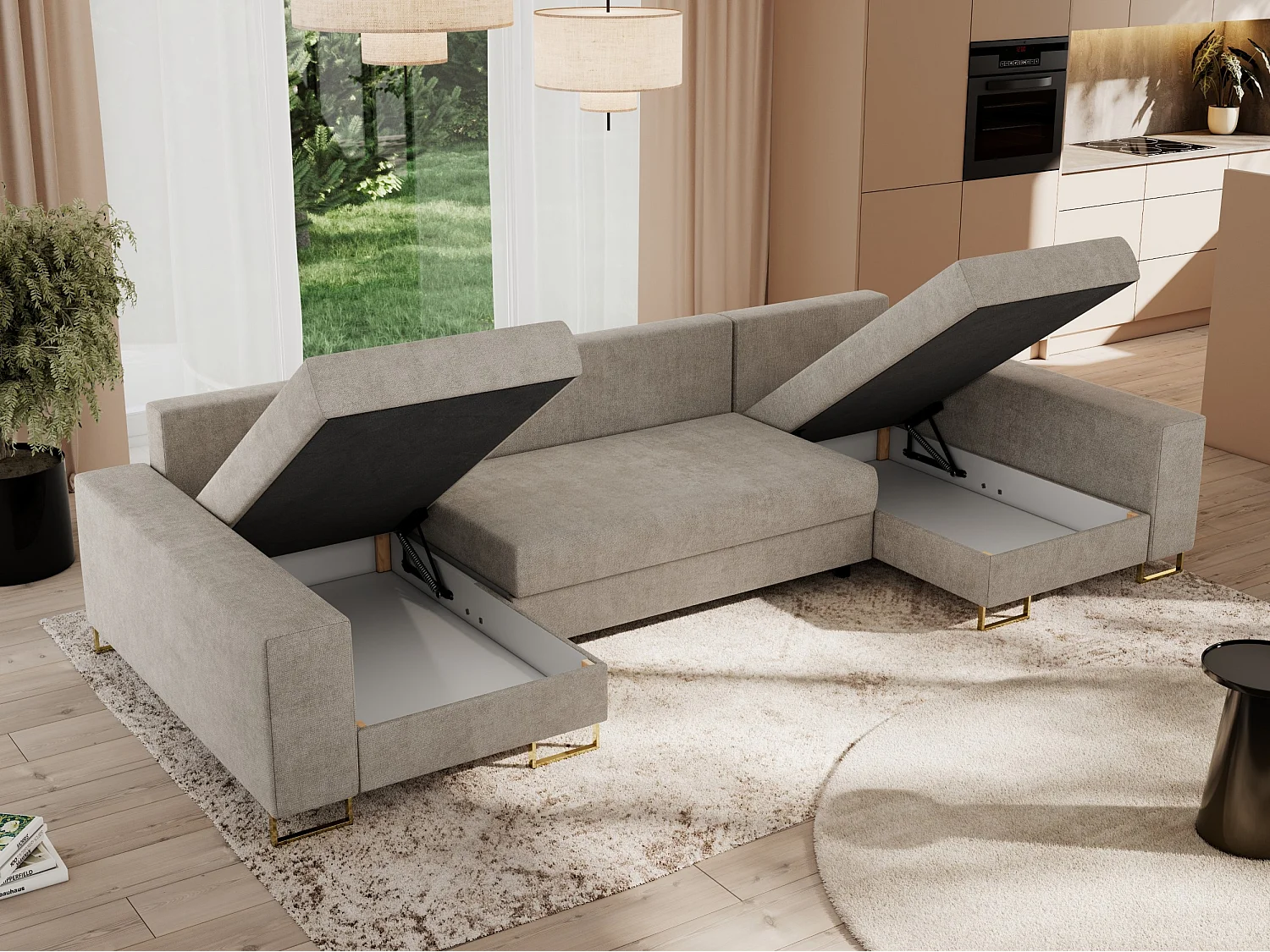 Ecksofa DORIAN U, Wohnlandschaft, Ecksofa mit Armlehnen, schlaffunktion und Bettkästen - Beige Struktur