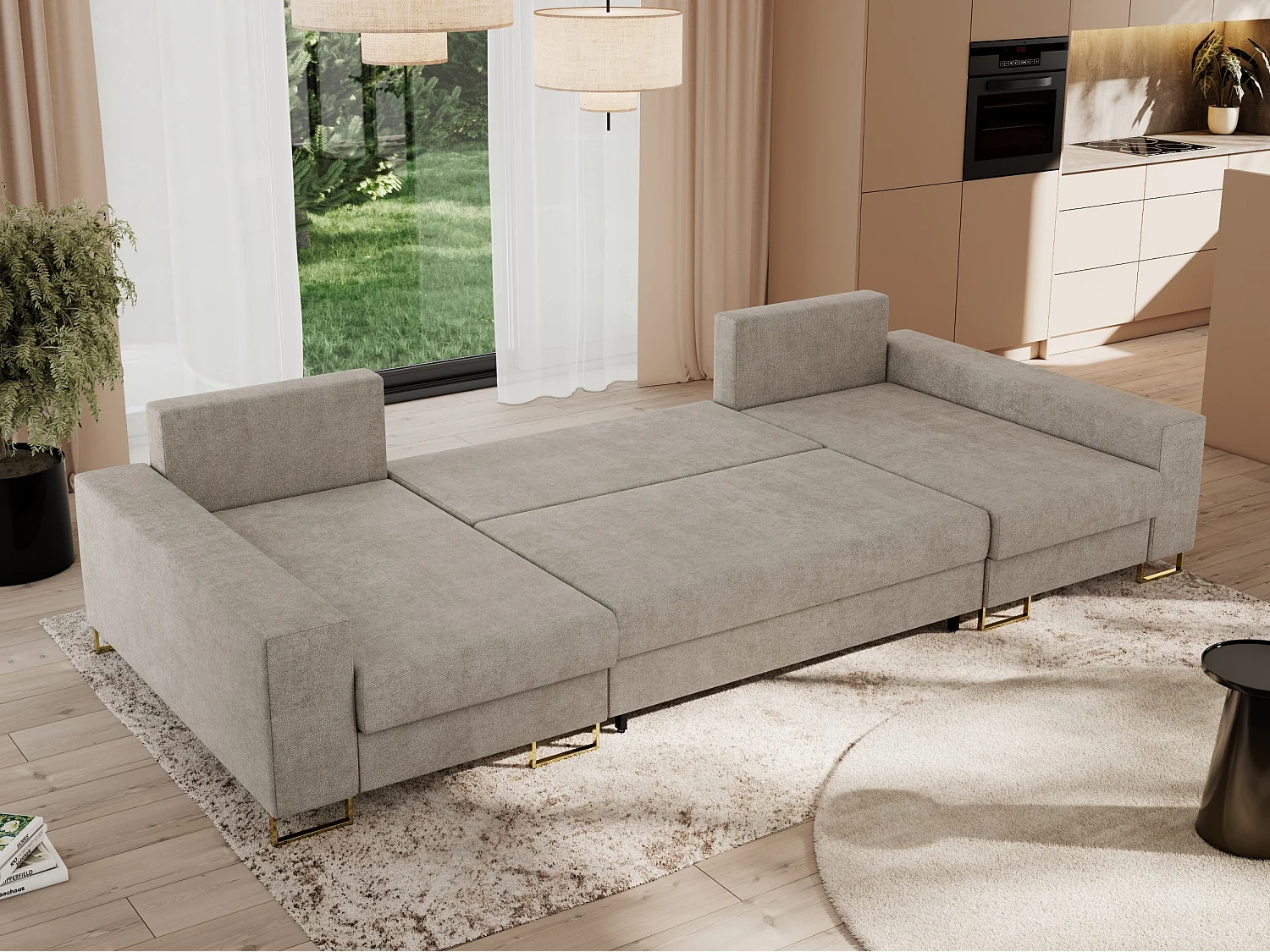 Ecksofa DORIAN U, Wohnlandschaft, Ecksofa mit Armlehnen, schlaffunktion und Bettkästen - Beige Struktur