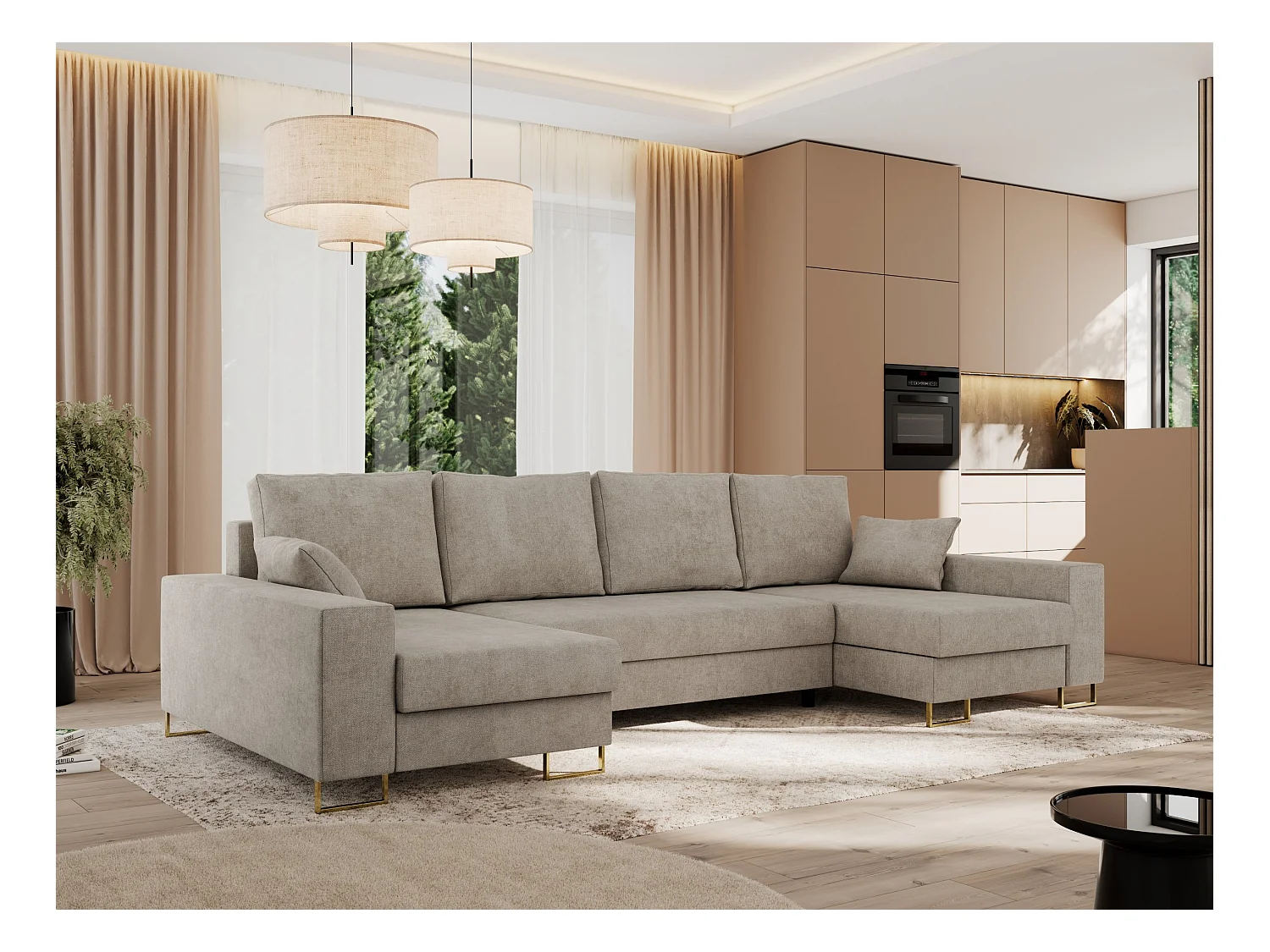 Ecksofa DORIAN U, Wohnlandschaft, Ecksofa mit Armlehnen, schlaffunktion und Bettkästen - Beige Struktur
