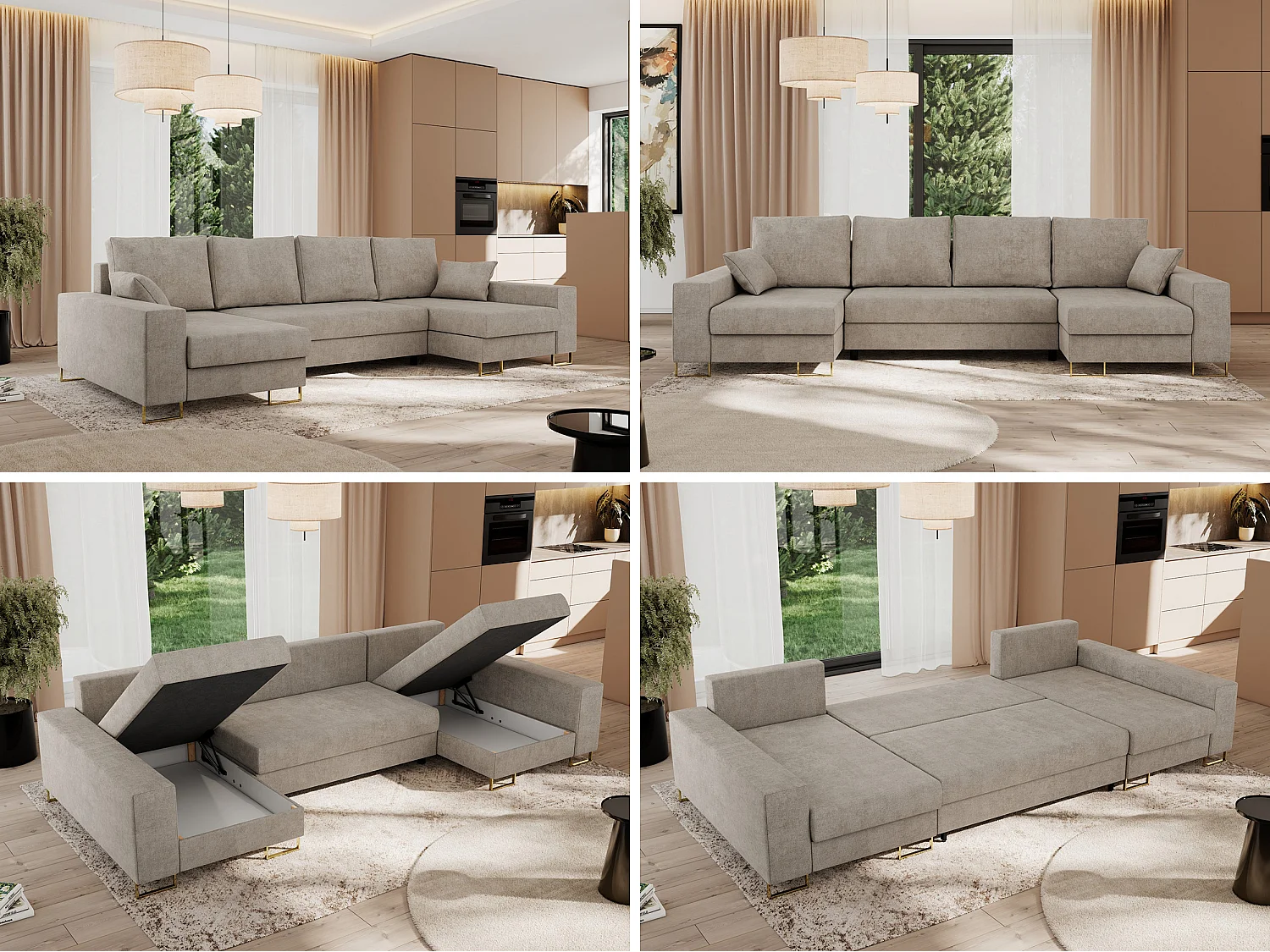 Ecksofa DORIAN U, Wohnlandschaft, Ecksofa mit Armlehnen, schlaffunktion und Bettkästen - Beige Struktur