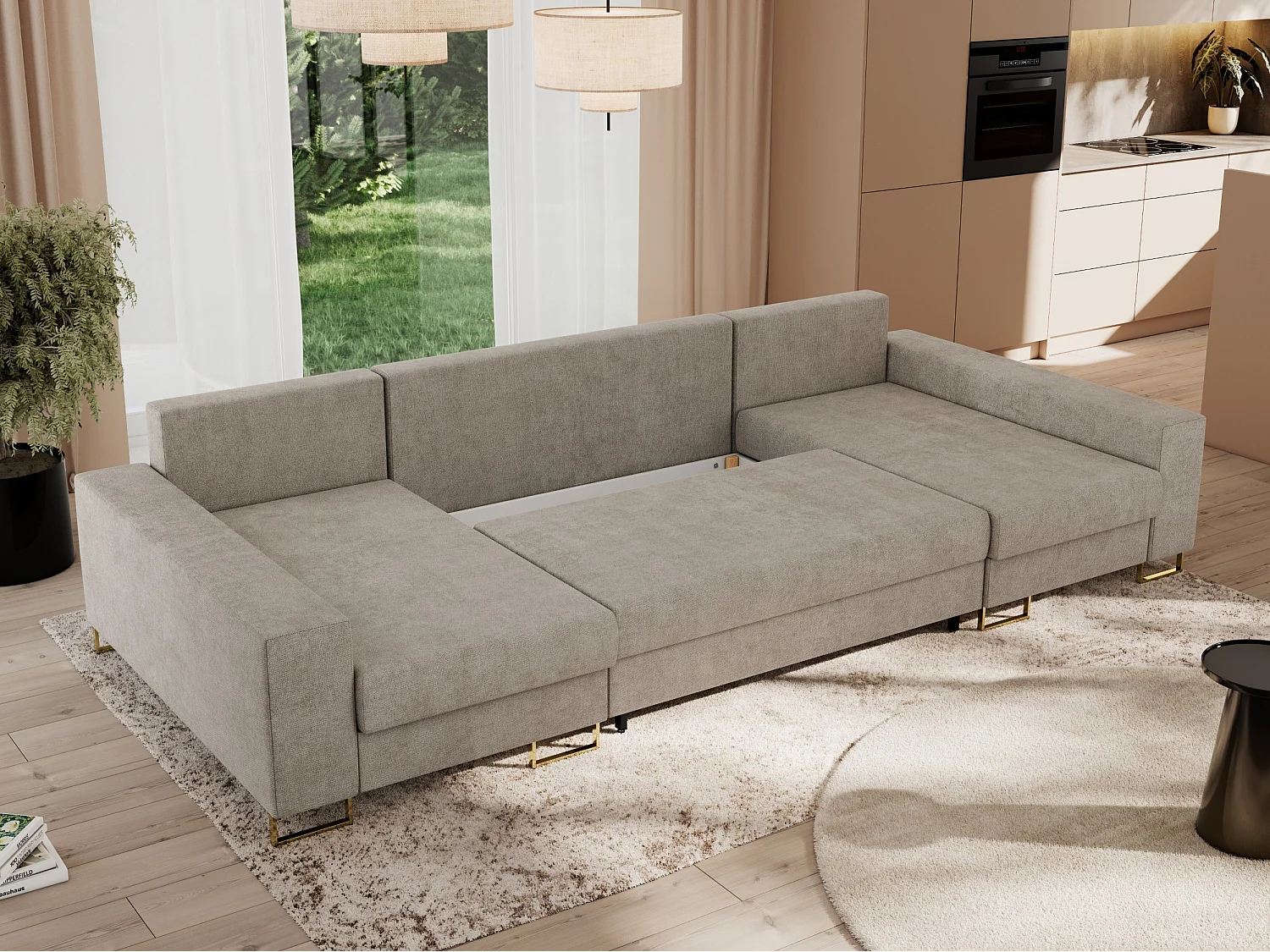 Ecksofa DORIAN U, Wohnlandschaft, Ecksofa mit Armlehnen, schlaffunktion und Bettkästen - Beige Struktur