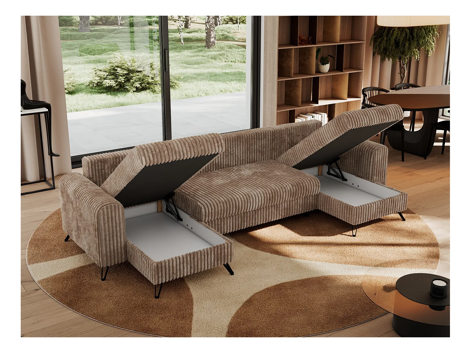 Ecksofa AXEL U, lose kissen, Ecksofa l-förmig, schlaffunktion und Bettkästen - Braun Cord