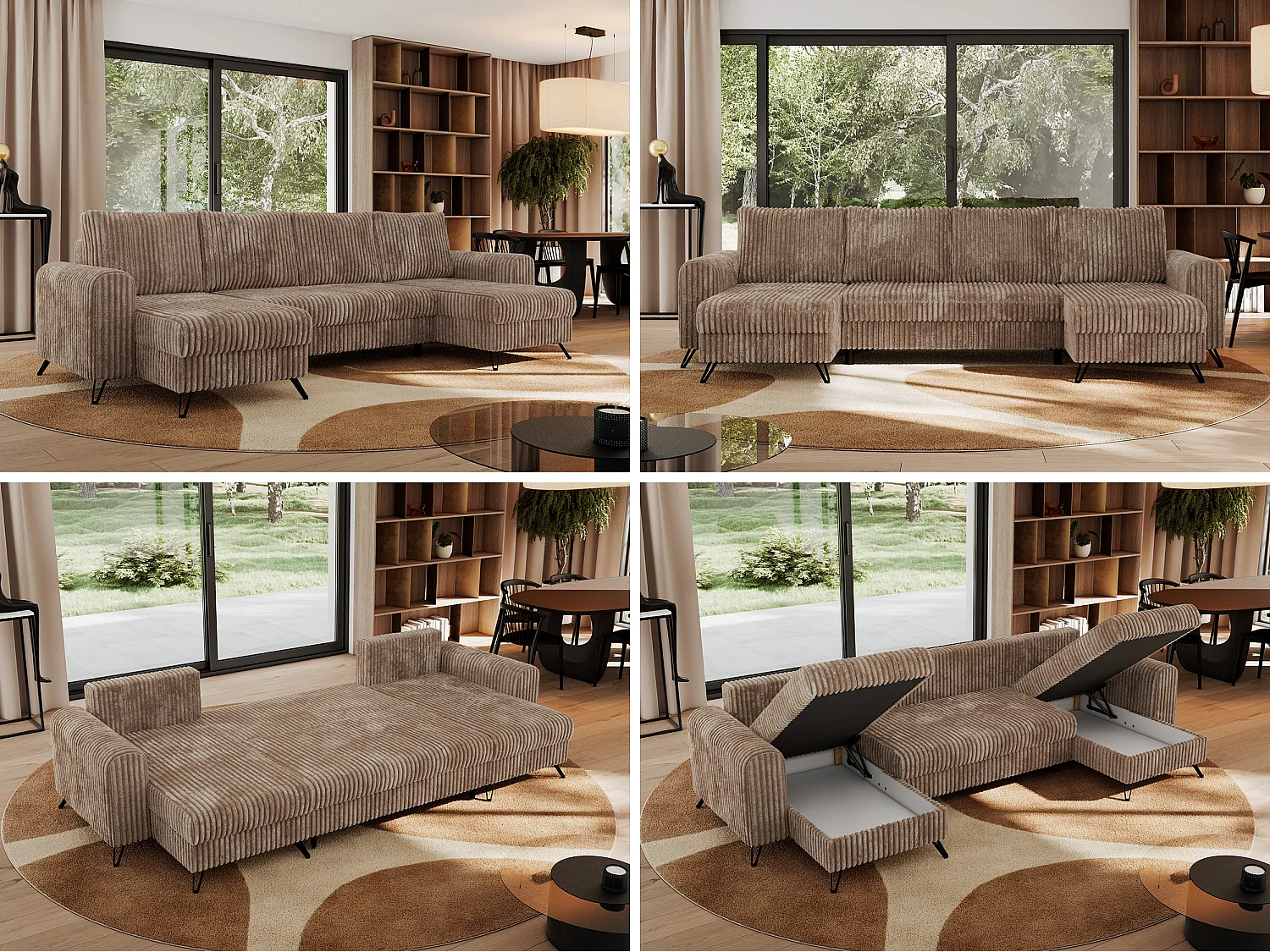 Ecksofa AXEL U, lose kissen, Ecksofa l-förmig, schlaffunktion und Bettkästen - Braun Cord