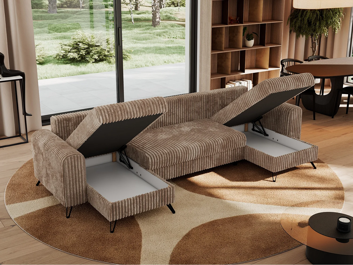 Ecksofa AXEL U, lose kissen, Ecksofa l-förmig, schlaffunktion und Bettkästen - Braun Cord