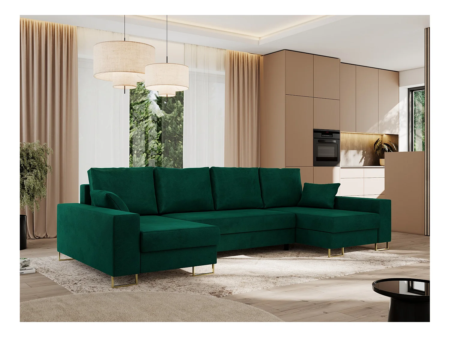 Ecksofa DORIAN U, Wohnlandschaft, Ecksofa mit Armlehnen, schlaffunktion und Bettkästen - Dunkelgrün Velvet